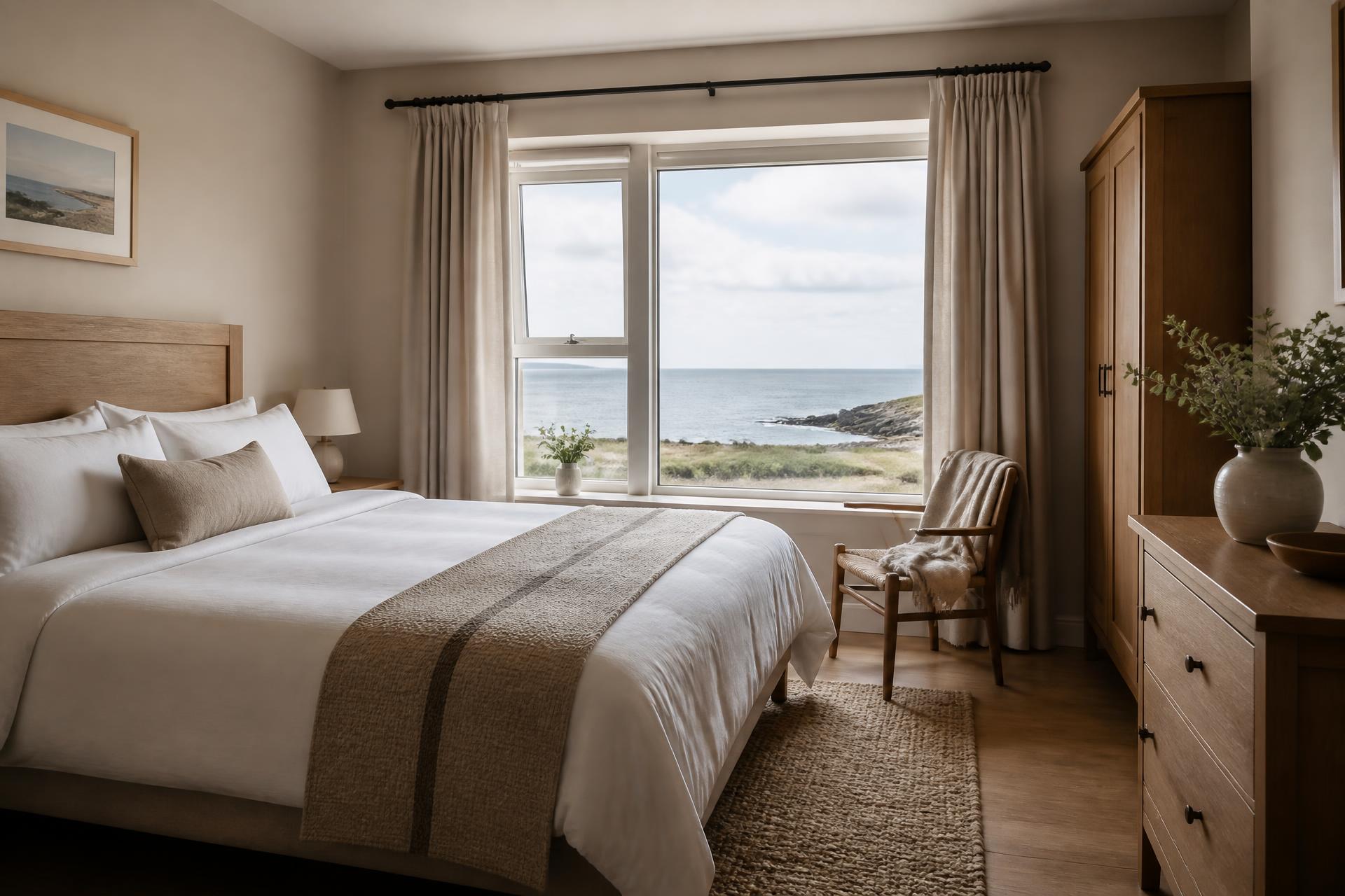 Guest suite with linen bedding, oak furniture and a window looking out to sea